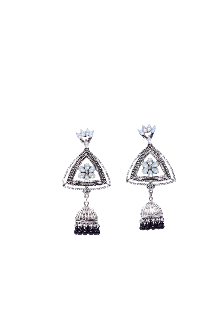 NamokritiVintage-Inspired Triangular Jhumka Earrings with Stunning off white Crystals & Black Beads